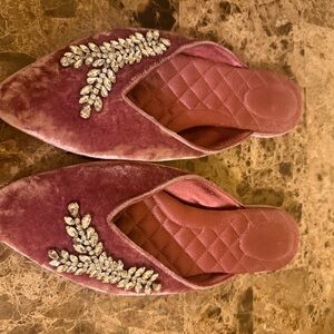 Birdies Pink Velvet Mules with Silver Embellishments